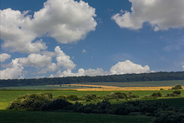 Clouds loom over a vast green landscape with fields and trees in the distance during an overcast...