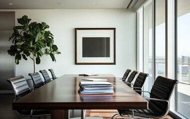 An elegant corporate meeting room featuring a dark wood conference table, modern ergonomic chairs, and a stack of business reports. 