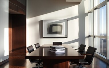 An elegant corporate meeting room featuring a dark wood conference table, modern ergonomic chairs, and a stack of business reports.