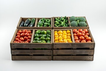 Zucchini, peppers, tomatoes and broccoli placed in wooden boxes.