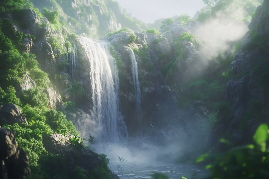 Majestic waterfall cascading into tranquil pond in lush green canyon