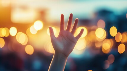 Close-up of a raised hand, soft glowing bokeh lights in the background adding a sense of wonder and possibility to the scene.