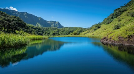 Obraz premium A serene view of a lake formed from an abandoned mine, reflecting a clear blue sky and surrounded by lush greenery