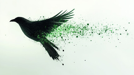 Fototapeta premium A stylized black bird in flight, with a trail of green pixels following its wings, symbolizing movement and digital transformation 