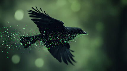 A stylized black bird in flight, with a trail of green pixels following its wings, symbolizing movement and digital transformation 