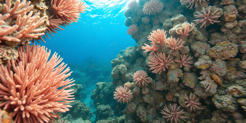 Obraz premium A detailed view of colorful coral polyps, transitioning to a wide-angle reef scene teeming with marine life, 8K clarity