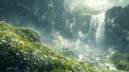 Obraz premium Serene Waterfall Cascading Through Lush Mountain Meadow