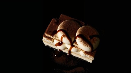 A rich chocolate tiramisu slice with layers of coffee-soaked ladyfingers, mascarpone cream, and finished with cocoa dusting.