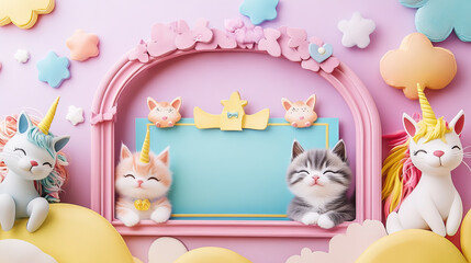 Kids diploma. Cartoon cute caticorn cats and kitten characters certificate background frame. Vector school graduation diploma or award with funny unicorn cat animals personages, rainbow and balloons