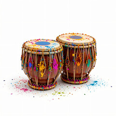 Colorful Holi Nangada, dholak, tabla, Dhol, or Drum Isolated: Played in Holi Festival with People Enjoying Dance and Celebration
