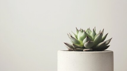 Modern Succulent Close-up. Contemporary white ceramic planter with green echeveria succulent against minimalist light background with negative space.