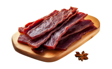 Spicy Beef Jerky: A close-up of seasoned, dried beef jerky, with a vibrant, deep red color. Stacked neatly on a wood cutting board.