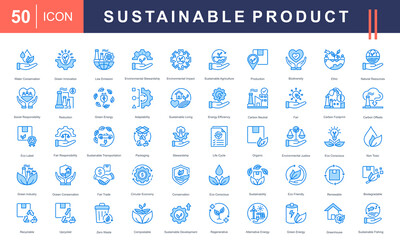 Icon set Sustainable Product, Containing renewable energy, green innovation, carbon footprint reduction, and environmental stewardship. Ideal for green business and social responsibility projects.