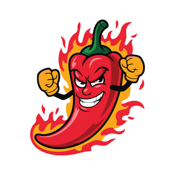 Cartoon Chili in Fire, Red Chili pepper cartoon design, chili pepper icon logo vector illustration