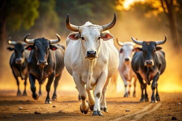 White Bull, Black Bull, Running Bull, Walking Bull - High Depth of Field AI Photo