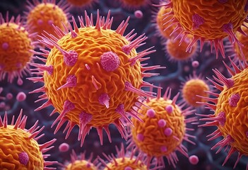 Obraz premium Microscopic Virus Image Orange Spikes Medical Illustration