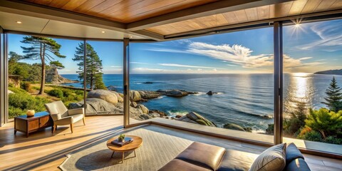 Fototapeta premium Panoramic view from a seaside vacation home with a large window overlooking the ocean and the surrounding landscape of rocks and trees , peaceful view, outdoor scene