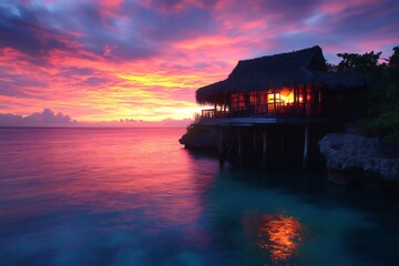 Fototapeta premium Overwater bungalow reflecting on calm ocean at sunset in tropical paradise
