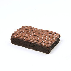 A rich chocolate brownie is decorated with smooth chocolate frosting on top, highlighting its indulgent texture and flavor