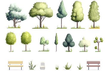 Fototapeta premium Hand drawn trees and bushes collection for game assets, isolate don white