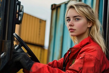 Young woman forklift driver, shipping containers, industrial port, serious expression, logistics