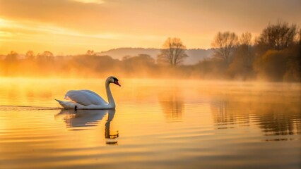 Fototapeta premium A swan floats serenely on a calm lake's surface as the warm golden light of dawn breaks through the morning sky , lake, nature