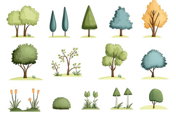 Fototapeta premium Hand drawn trees and bushes collection for game assets, isolate don white