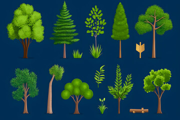 Hand drawn trees and bushes collection for game assets,  isolate don white