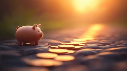 Piggy Bank on Pathway with Coins at Sunset
