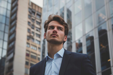 Fototapeta premium Portrait of businessman in suit against office buildings, view from below, leadership. Business success and promotion, strategic growth