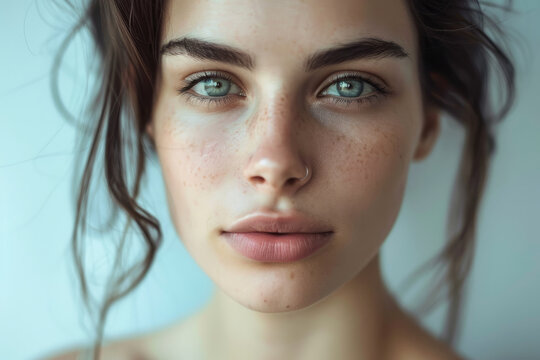 Portrait of a beautiful woman with blue eyes and freckles looking at the camera. Clear face, natural beauty, naturalness