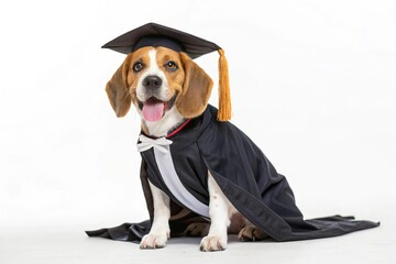 A cute beagle dog wearing graduation cap and gown,finish school.