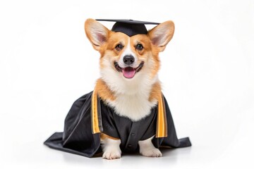 Happy Corgi wearing graduation cap and gown,finish school.