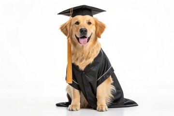 A cute golden retriever dog wearing graduation cap and gown,finish school.