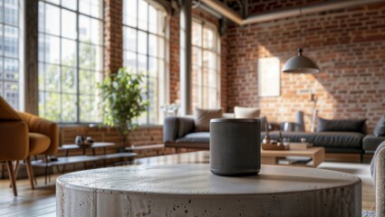 Modern Smart Living Space. Cylindrical smart speaker on concrete table in industrial loft interior with exposed brick walls, large windows and contemporary furniture.
