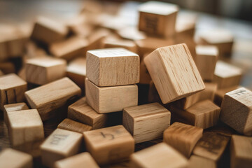 small squares of wood stacked and huddled together, scrabble board game.