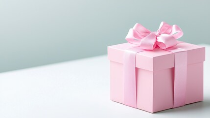 Obraz premium Pink gift box with ribbon, on white surface, light background; for celebrations