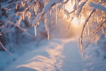 Icicles hanging from snow covered branches at sunset in winter