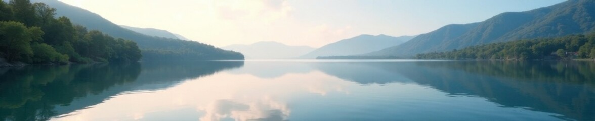 Fototapeta premium Serene lake water surface reflected in a clear sky, nature, peaceful, sky