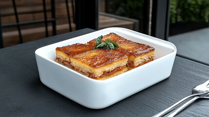 Famous Food of Egyptian concept. Delicious layered dessert served in a modern dish with a garnish.