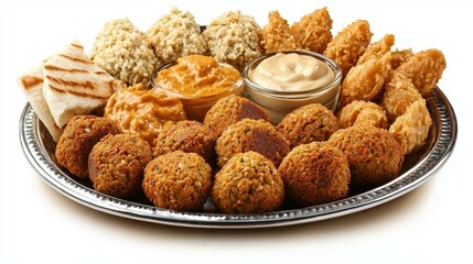 Famous Food of Egyptian concept. Assorted platter of fried appetizers including chicken bites, breaded balls, and sauces.