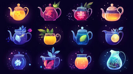 Herbal green, white and black tea vector icons. Tea ceremony teapot and cup porcelain, herbs and fruits taste drinks with lemon and mint, chamomile and hibiscus flowers, package emblems