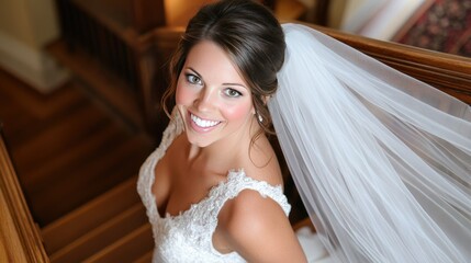 The elegant bride, with a glowing smile, stands on a polished wooden staircase, her veil cascading down the steps.