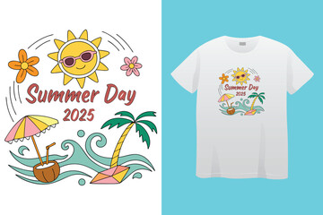 CMYK color separation Summer vector t-shirt design , surfing beach vector photo print , vintage retro beach print design, surfboard with palm tree and typography text.