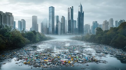 Obraz premium Urban progress looms in the form of skyscrapers as a river below suffers, choked by discarded plastics and industrial waste.