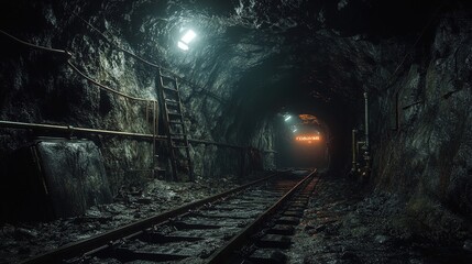 Naklejka premium Underground mining tunnel with dim lighting, rough rock walls, and tracks leading into darkness