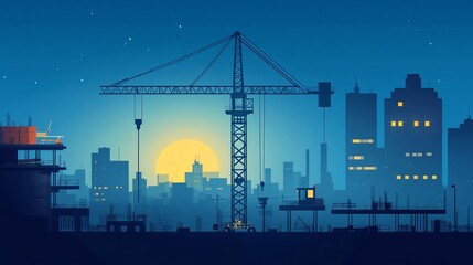 Construction site at night with cranes and city buildings silhouette against the evening sky