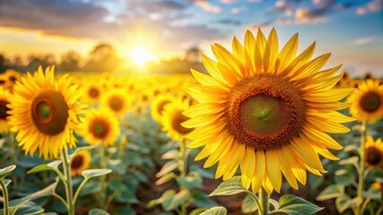 Fototapeta premium Large sunflowers in a field with bright yellow petals standing tall against a blurred sunny background, nature, outdoor