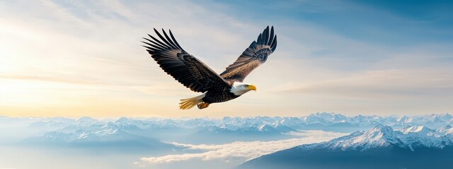 Fototapeta premium Majestic Bald Eagle in Flight Over Snowy Mountains