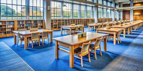 Fototapeta premium Cozy study area in university library with wooden desks and blue floor, papers, blue floor, papers,blue floor, research